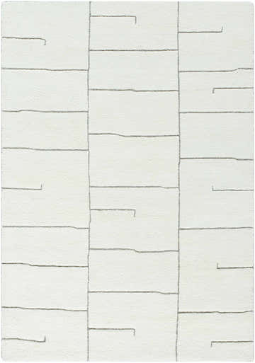 Close-up of the hand-tufted Yanka Area Rug. Light silver lines create a geometric pattern on the off-white wool texture. Design-Rectangle-5377