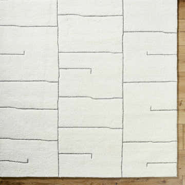 Close-up of the Yanka Area Rug. Off-white wool rug with a geometric light silver line pattern. Hand-tufted texture. Swatch