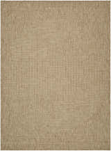 Close-up of the Yuley Brown Area Rug. Machine woven rug in prairie dust and tan with a subtle geometric pattern. Design-Rectangle-537
