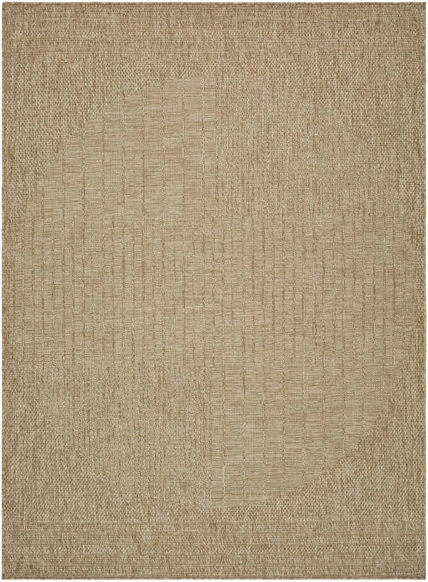 Close-up of the Yuley Brown Area Rug. Machine woven rug in prairie dust and tan with a subtle geometric pattern. Design-Rectangle-537