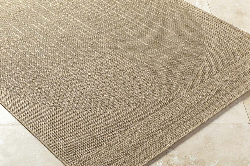 Close-up of the tan Yuley Brown Area Rug showing its woven texture and border detail. Corner