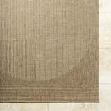 Close-up of textured Yuley Brown Area Rug in prairie dust and tan, with a machine-woven, transitional design. Corner
