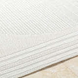 Close-up of the Yuley White Area Rug showing its light silver woven texture and traditional border design. Texture
