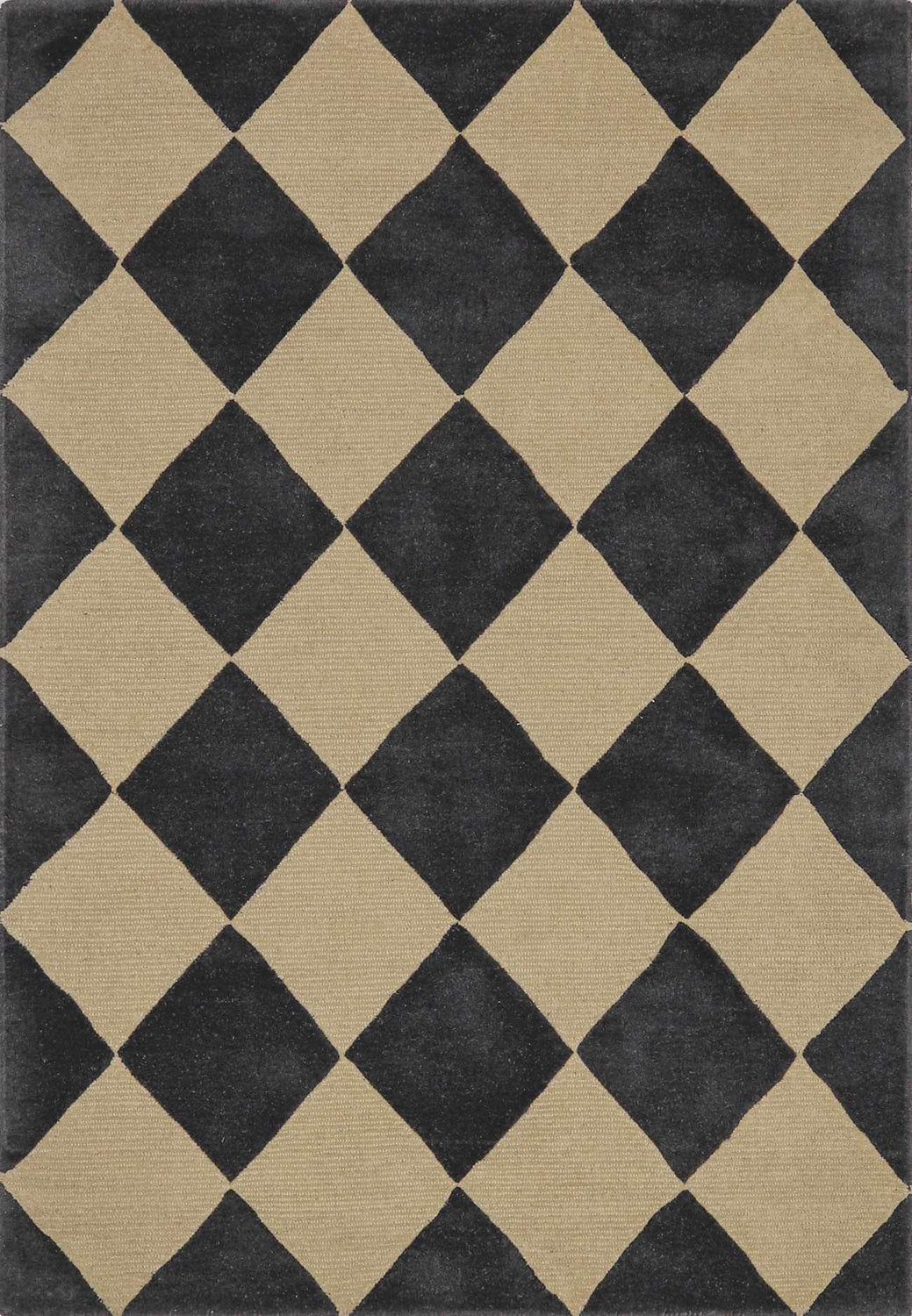 Close-up of the Aradia Charcoal Area Rug. Hand-tufted wool rug with a contemporary black and beige diamond pattern. Design-Rectangle