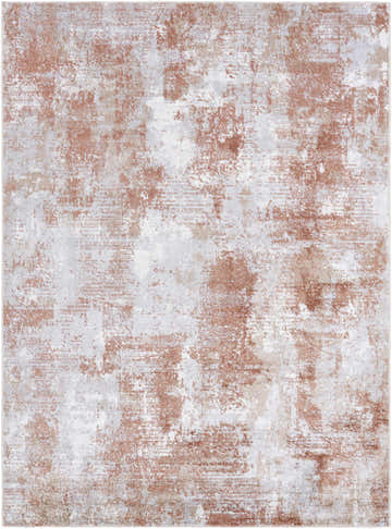 Close-up of the Anitra Brown Washable Area Rug. Features a contemporary brown, light gray, and white abstract design. Design-Rectangle-537