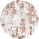 Close-up of a round Anitra Brown Washable Area Rug with a contemporary brown, light gray, and white abstract pattern. Design-Round