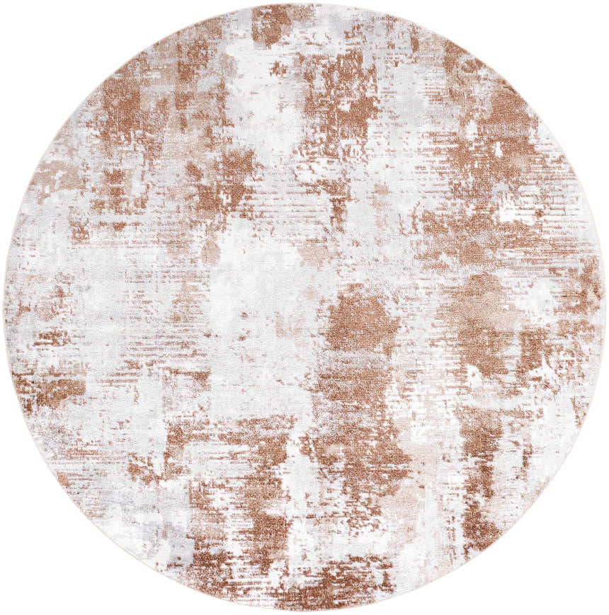Close-up of a round Anitra Brown Washable Area Rug with a contemporary brown, light gray, and white abstract pattern. Design-Round