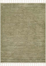 Close-up of the Annily Area Rug; olive green polypropylene rug with a subtle texture and white braided tassels. Design-Rectangle-573