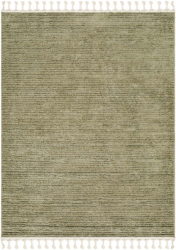 Close-up of the Annily Area Rug; olive green polypropylene rug with a subtle texture and white braided tassels. Design-Rectangle-573