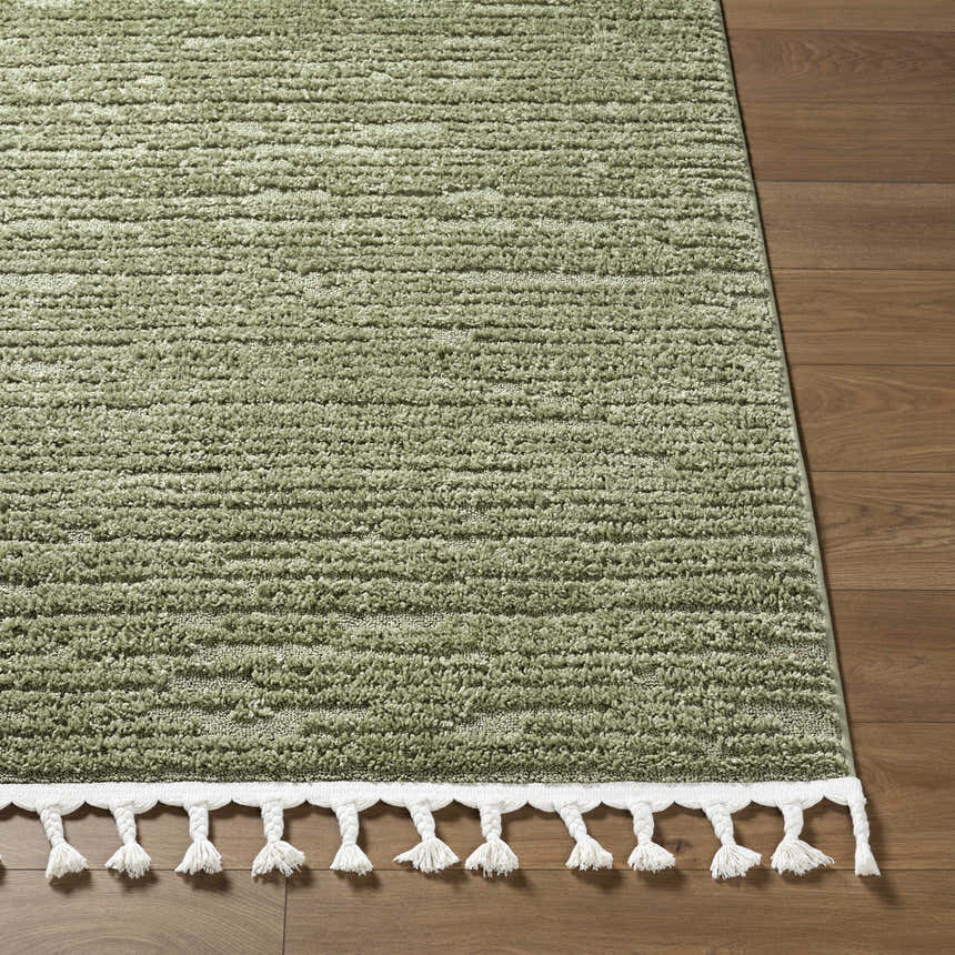 Close-up of the olive green Annily Area Rug showing its texture and white braided fringe on a wood floor. Front