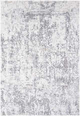 Close-up of Alviva area rug with a contemporary abstract design in charcoal, gray, ivory, peach, and white. Design-Rectangle-527