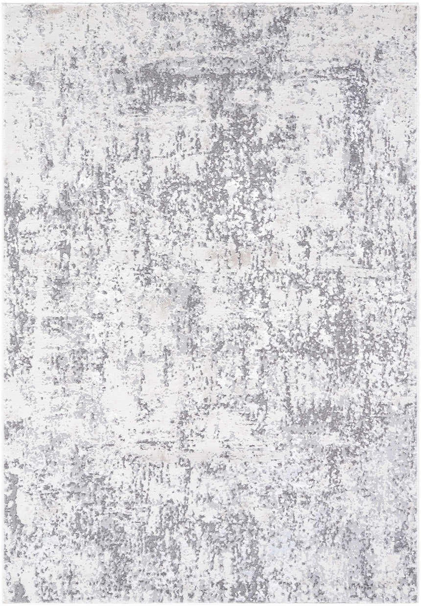 Close-up of Alviva area rug with a contemporary abstract design in charcoal, gray, ivory, peach, and white. Design-Rectangle-527