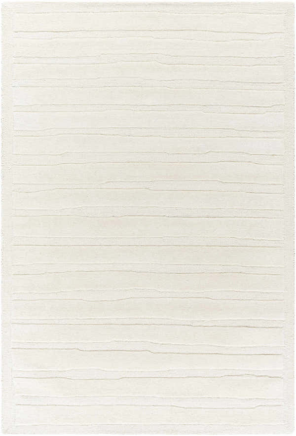 Close-up of the Zerah White Wool Area Rug featuring a subtle horizontal striped pattern and soft, textured wool. Design-Rectangle-576