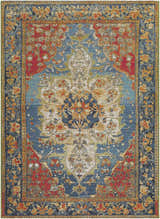Close-up of Zorea Traditional Area Rug featuring floral pattern in blue, red, gold, and ivory hues. Design-Rectangle