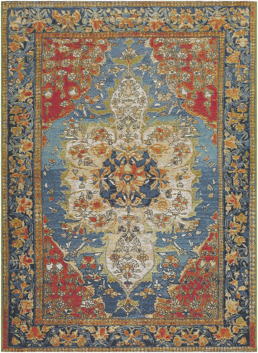 Close-up of Zorea Traditional Area Rug featuring floral pattern in blue, red, gold, and ivory hues. Design-Rectangle