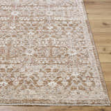 Close-up of Ammiel Tan Area Rug showing traditional pattern, cream, tan, burnt orange, and dark red colors. Front