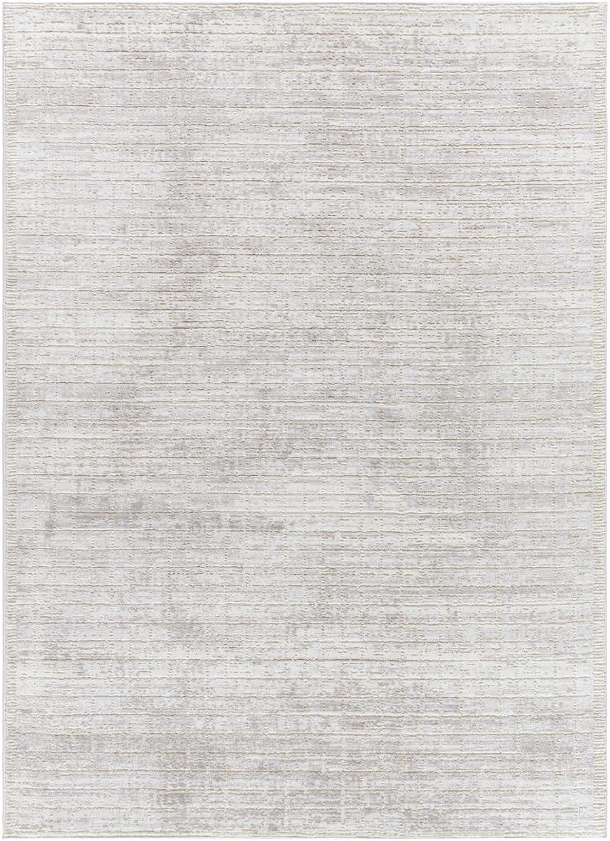 Close up of Arnulf 3D Textured Washable Rug. Cream, ivory, and taupe rug with subtle horizontal lines and textured design. Design-Rectangle-4117
