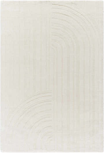 Close-up of the Alayja Area Rug in light silver wool with a contemporary striped and arched design. Design-Rectangle-576