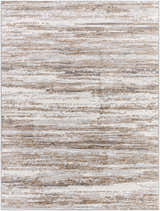 Close-up of the Aminia Area Rug, a contemporary rug with charcoal, gray, and light brown horizontal striations. Design-Rectangle-527