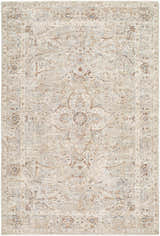 Close-up of the Zufan Beige Area Rug featuring a traditional floral medallion pattern in charcoal, ivory, and taupe. Design-Rectangle-6796