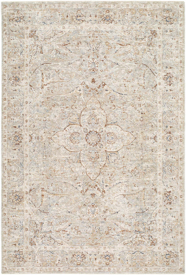 Close-up of the Zufan Beige Area Rug featuring a traditional floral medallion pattern in charcoal, ivory, and taupe. Design-Rectangle-6796