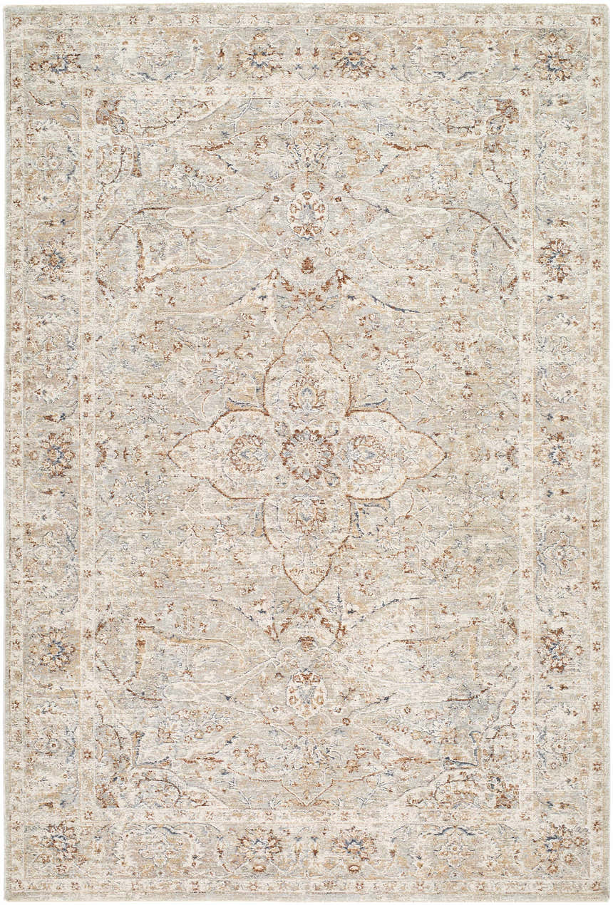 Close-up of the Zufan Beige Area Rug featuring a traditional floral medallion pattern in charcoal, ivory, and taupe. Design-Rectangle-6796