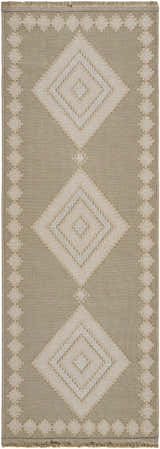 Close-up of the Ziggy Washable Jute Rug with a diamond pattern in beige, cream, and tan. Farmhouse style. Design-Runner-2773
