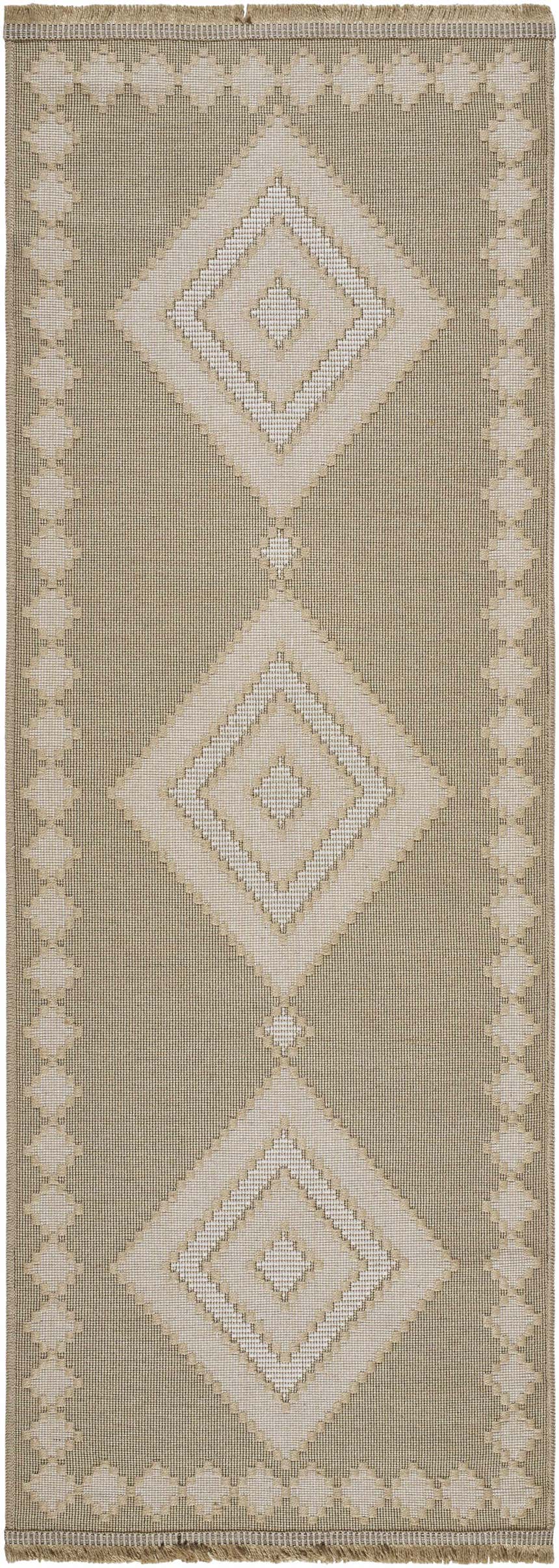 Close-up of the Ziggy Washable Jute Rug with a diamond pattern in beige, cream, and tan. Farmhouse style. Design-Runner-2773