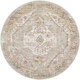 Round Armoni Area Rug in beige, cream, mustard, and slate blue with a traditional, farmhouse-style floral medallion pattern. Design-Round-53