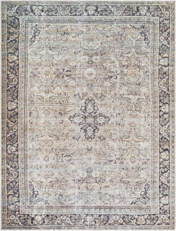 Close-up of the Zeger Washable Area Rug. Traditional floral pattern in light silver, prairie dust, and silver gray tones. Design-Rectangle-537