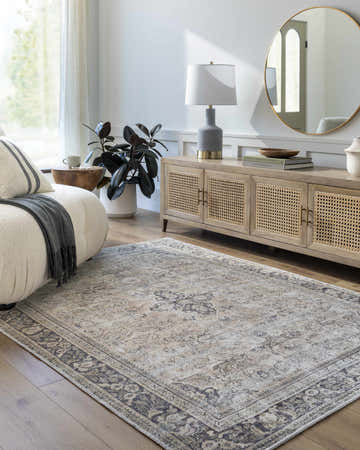 Living room scene with a neutral Zeger Washable Area Rug, light wood floors, and a round mirror. Farmhouse style. Roomscene-Rectangle
