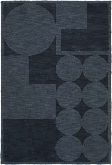 Navy Oshae Area Rug. Contemporary wool rug with geometric circle and square pattern. Hand-loomed texture. Design-Rectangle-576