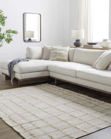Living room with a cream sectional sofa and the Zared Checkered Jute Area Rug in ash, light silver, and sage. Roomscene-Rectangle