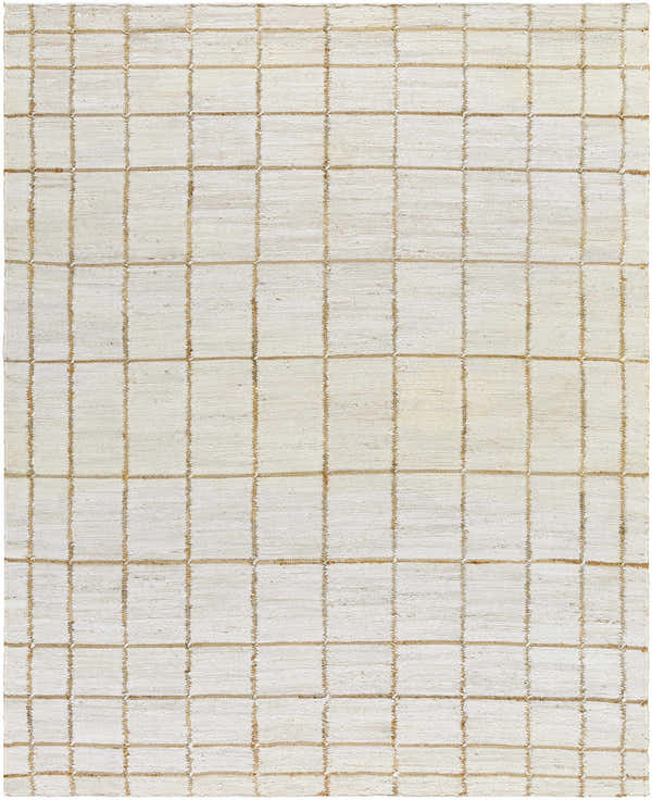 Close-up of the Zared Checkered Jute Area Rug. Hand-woven rug with an ash and light silver checkered pattern. Design-Rectangle-810