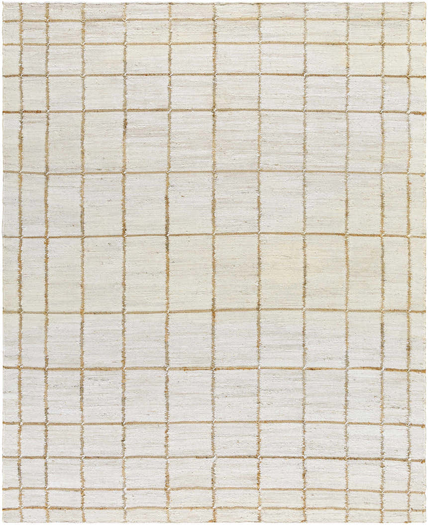Close-up of the Zared Checkered Jute Area Rug. Hand-woven rug with an ash and light silver checkered pattern. Design-Rectangle-810