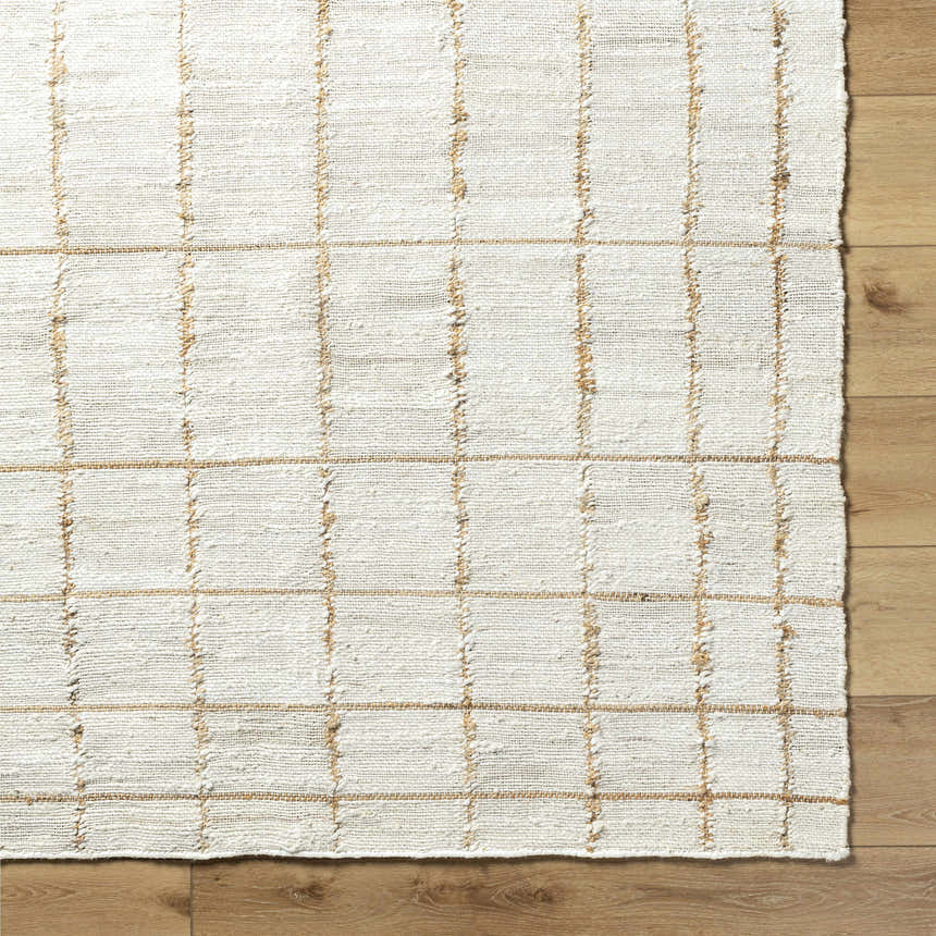 Close-up of the Zared Checkered Jute Area Rug showing its ash and light silver tones and hand woven texture. Swatch