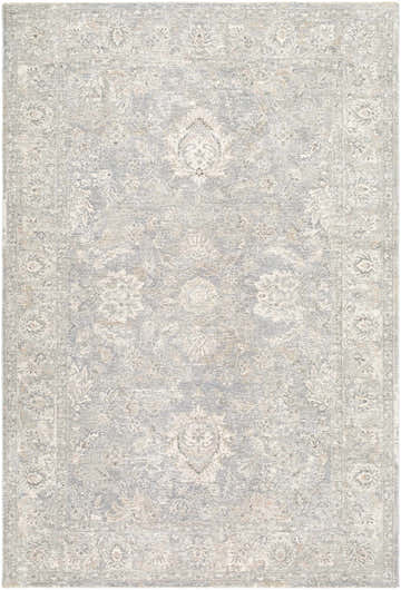 Close-up of the Adriel Slate Blue Area Rug, featuring a traditional floral pattern and soft, muted colors. Design-Rectangle-6796