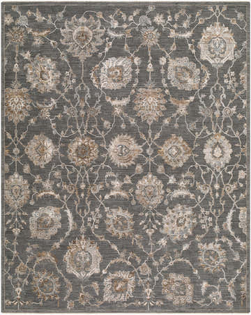 Close-up of the Jonia Teal Floralnature Rug, showcasing its charcoal base and floral pattern in taupe, brown, and gray. Design-Rectangle-710102