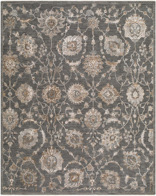 Close-up of the Jonia Teal Floralnature Rug, showcasing its charcoal base and floral pattern in taupe, brown, and gray. Design-Rectangle-710102