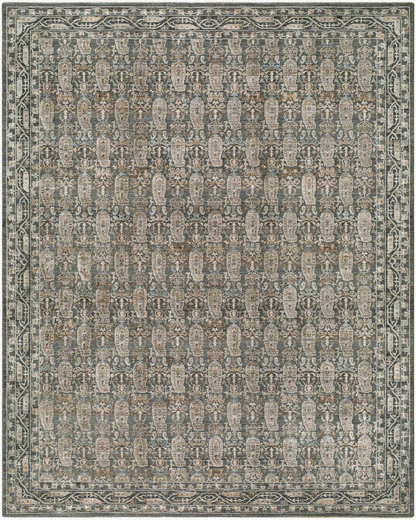 Detailed pattern of the Jizu Green Persian Area Rug, machine woven polyester with traditional design. Design-Rectangle-710102