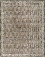 Close-up of the Wutii Charcoal Persian rug. Features a traditional pattern in charcoal, light brown, gray, olive, and taupe. Design-Rectangle-710102