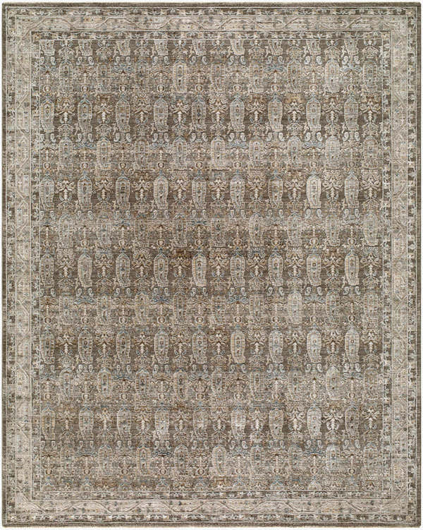 Close-up of the Wutii Charcoal Persian rug. Features a traditional pattern in charcoal, light brown, gray, olive, and taupe. Design-Rectangle-710102