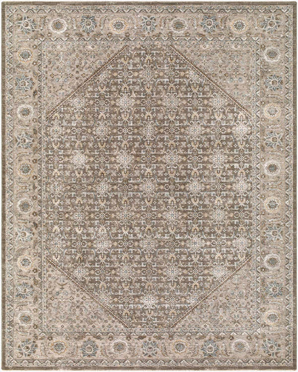 Detailed close-up of the Nihe Charcoal Medallion rug, showcasing the traditional floral pattern and dark brown, taupe, and olive color palette. Design-Rectangle-710102