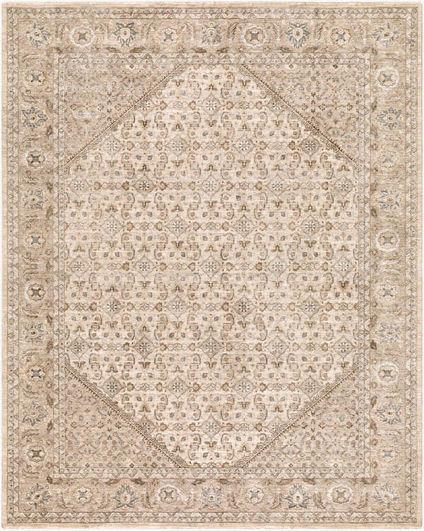 Somei Light Gray Medallion Rug: Machine-woven polyester with traditional floral pattern in light gray, taupe, and olive tones. Design-Rectangle-710102