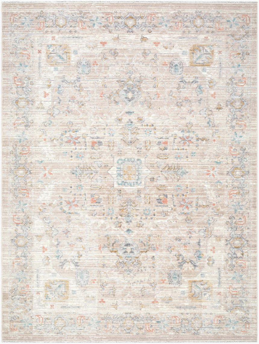 Detailed pattern of the Kehea Beige Medallion washable area rug. Farmhouse style with beige, cream, blue, and gray colors. Design-Rectangle-537