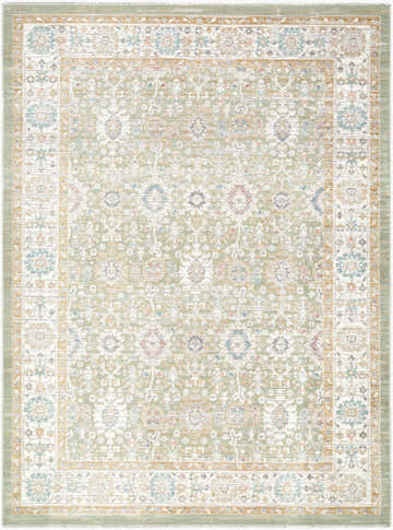 Close-up of Royoi Sage Persian rug. Machine woven polypropylene rug with beige, cream, and sage traditional design. Design-Rectangle-537