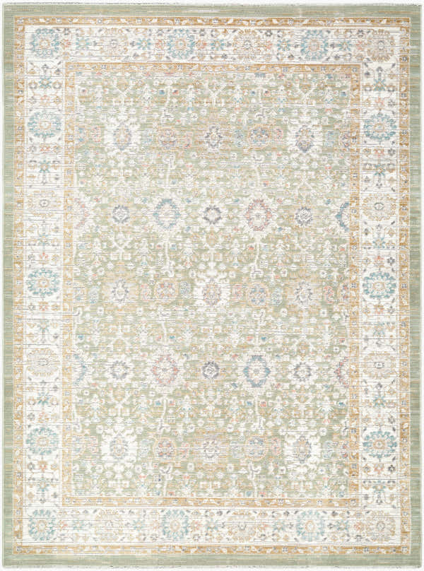 Close-up of Royoi Sage Persian rug. Machine woven polypropylene rug with beige, cream, and sage traditional design. Design-Rectangle-537