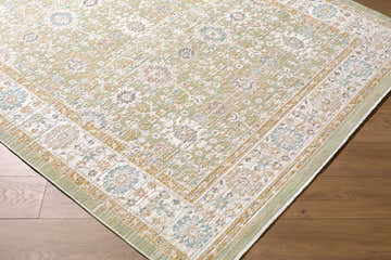 Close-up of the Royoi Sage Persian rug showing its light sage, beige, and cream traditional pattern. Corner