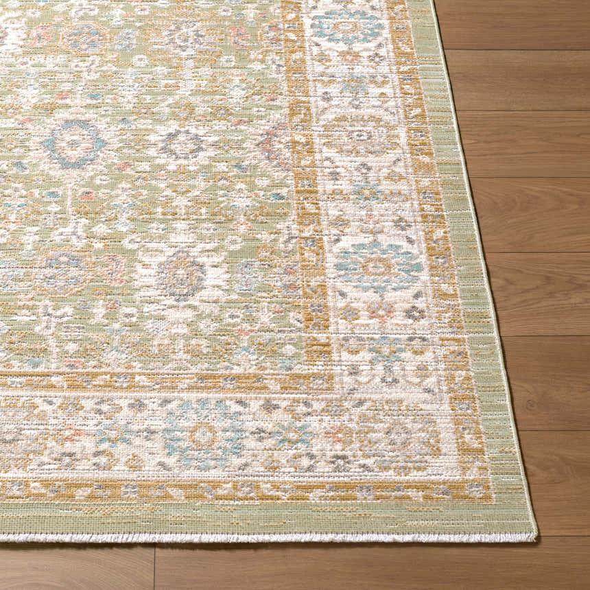 Close-up of Royoi Sage Persian rug showing beige, cream, sage, and light brown traditional pattern and texture. Front