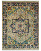 Custom Made Antique look Hand Knotted Camel, Teal and Charcoal Traditional Heriz Serapi Wool Rug